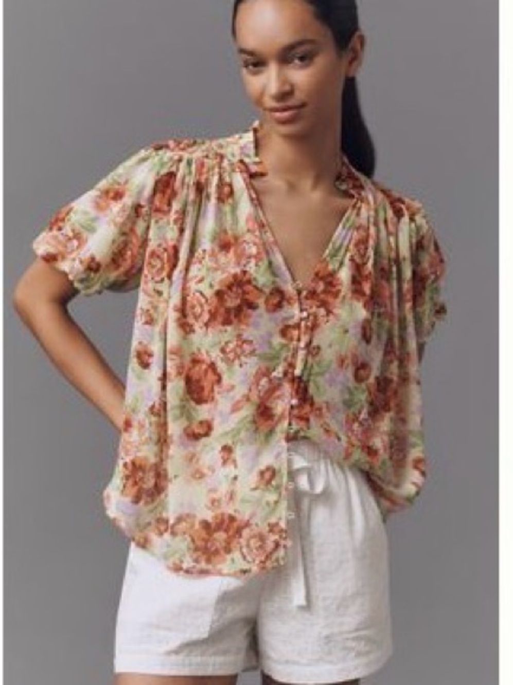 Anthropologie Floral Button-Front Blouse in Cream and Rust